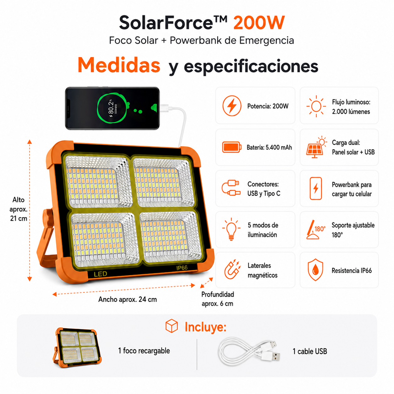SolarForce™ 200W | Foco Solar + Powerbank de Emergencia