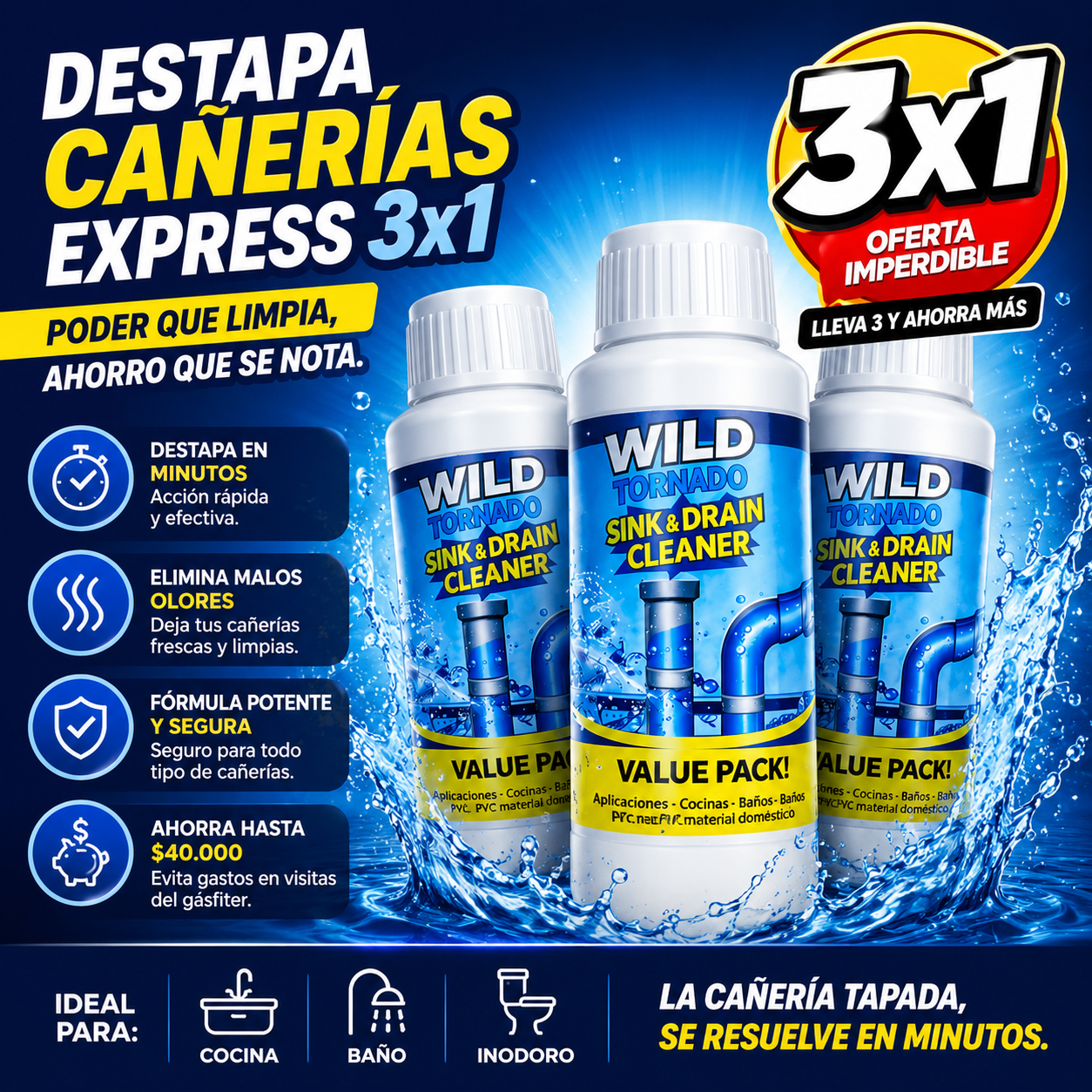 Destapa Cañerías Express 3x1 (110gr c/u) + Envío Gratis