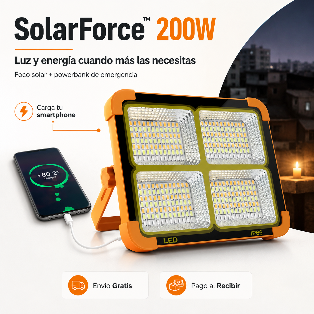 SolarForce™ 200W | Foco Solar + Powerbank de Emergencia
