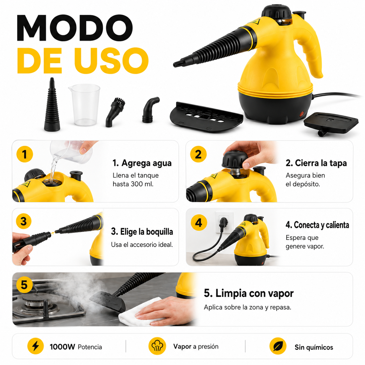 VapoClean™ Pistola de Limpieza a Vapor Multiusos 1000W