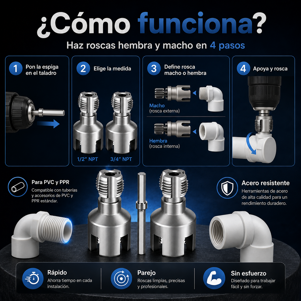 MultiRosca™ | Kit Roscador Macho y Hembra para Taladro 1/2” y 3/4”