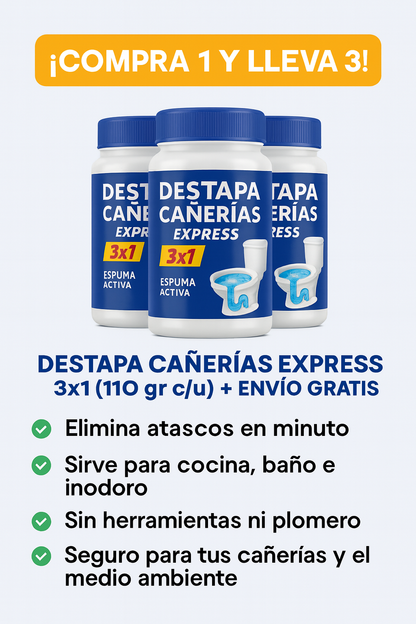 Destapa Cañerías Express 3x1 (110gr c/u) + Envío Gratis